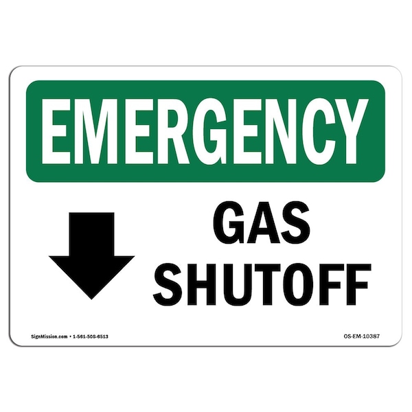 Safety Sign, OSHA EMERGENCY, 7" Height, Aluminum, Gas Shutoff (Down Arrow), Landscape